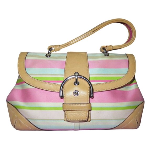 Coach 2006 Hampton Pink Sateen & Tan Vachetta Leather Pastel Striped - Picture 1 of 14